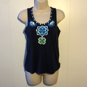 Tory Burch tank top cotton blue sz.med EUC embroidered flower pattern